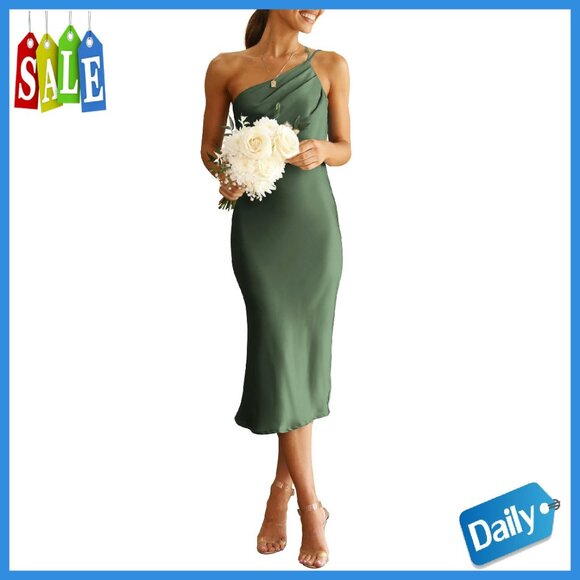 Dresses & Skirts - One Shoulder Satin Midi Dress Backless Bodycon Formal Summer
